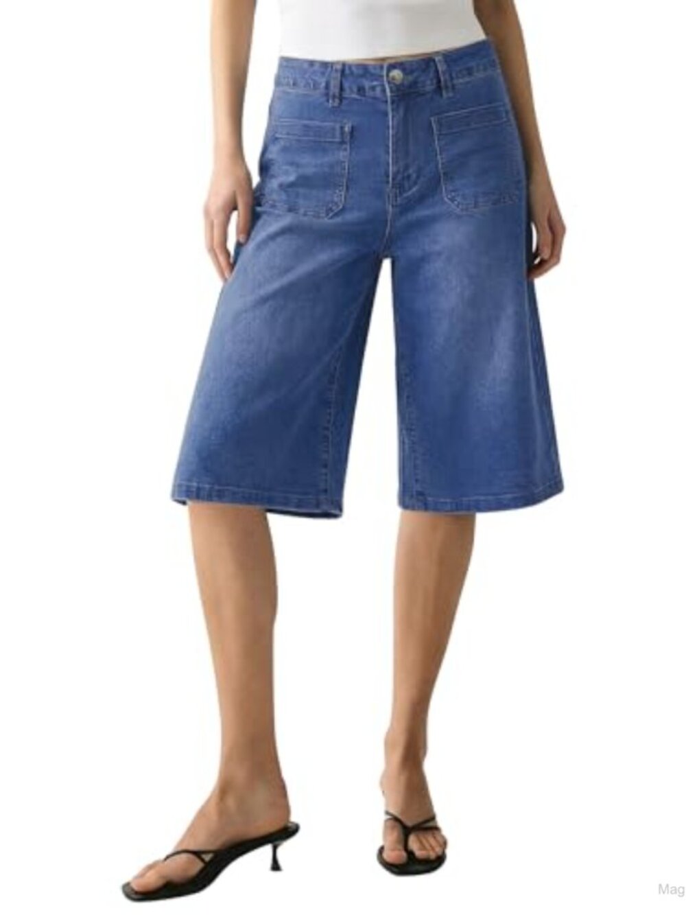 Wide Leg Capri Jeans High Waisted Patch Pocket Stretch Denim